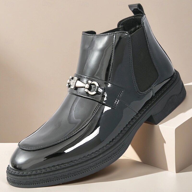 Men's Black Patent Chelsea Boots with Metal Chain Accent Fashion Party Dress Shoes for Club and Evening Events - Main Image