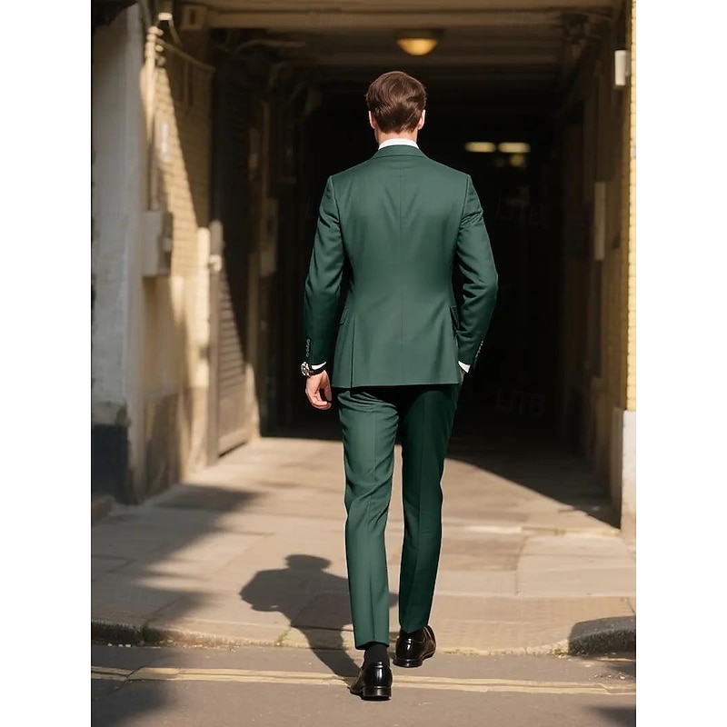Men's Wedding Business Party Suits Notch Lapel Army Green Casual Formal Solid Colored Slim Fit 3 Piece Single Breasted Two-buttons2