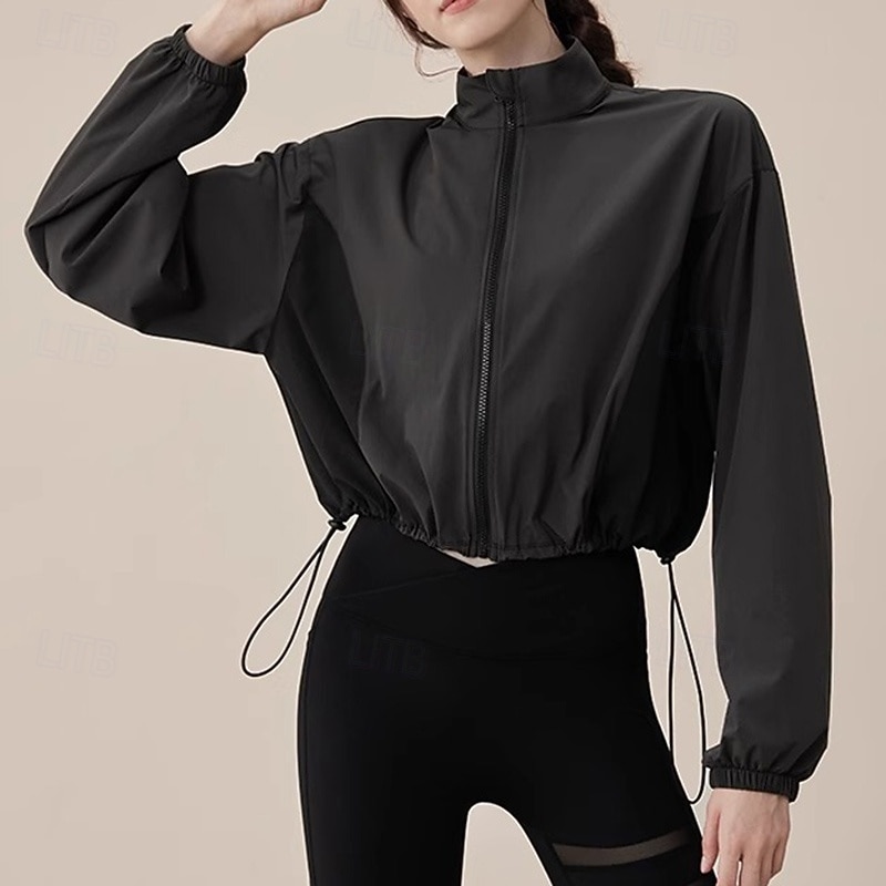 Women's Workout Jacket Windproof Drawstring Long Sleeve Sports Color Block Top For Sports Zumba Running Loose Fit Activewear