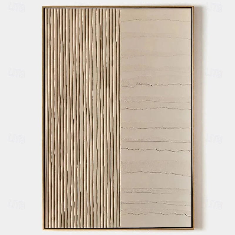 Handmade Painted Textured Oil Painting Vertical Stripes Ribbed Surface Sandy Pattern Horizontal Fissures Neutral Beige Oatmeal Taupe Minimalist Art Black Frame Wall Decor2