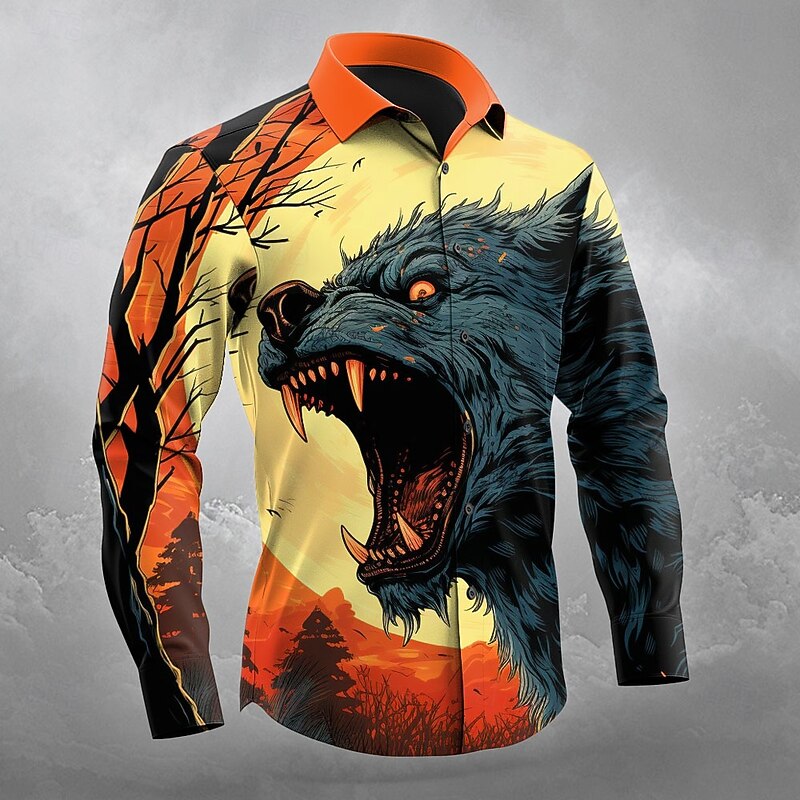 Halloween Men's Wolf Halloween Costumes Shirt Button Up Shirt Long Sleeve Dark Gothic Style Outdoor Holiday Spring Fall Turndown 3D Print Collared Shirts Orange yellow Blue Orange Dark Blue2