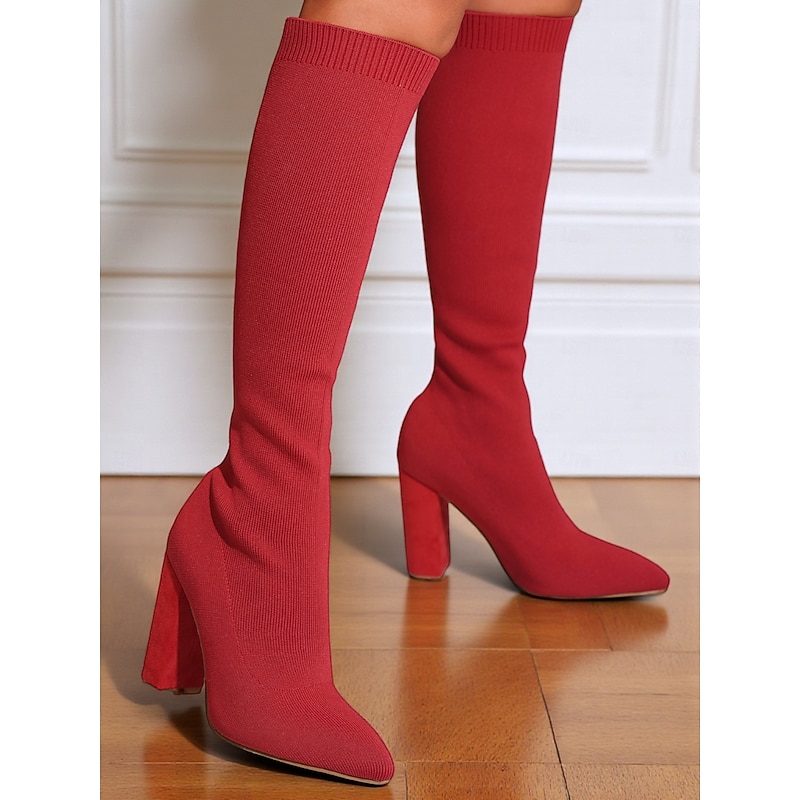 Women's Red Knee-High Sock Boots - Stretch Knit Pointed Toe Chunky Heel Long Boots for Fashionable Fall Winter Outfits, Parties and Streetwear Looks2