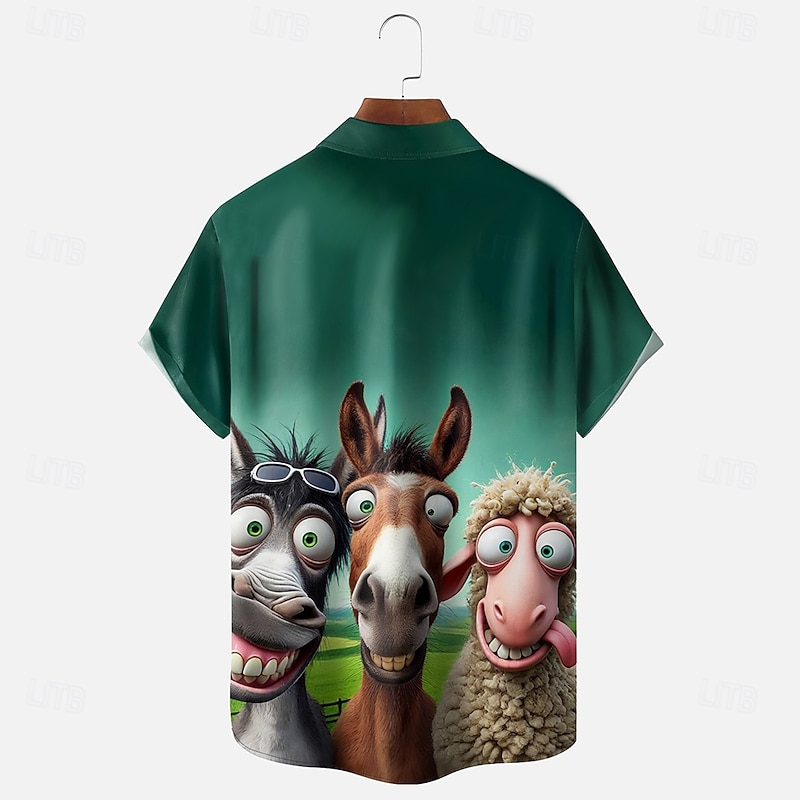 Men's Animal Sheep Donkey Shirt Button Up Shirt Short Sleeve Funny Outdoor Vacation Summer Spring Turndown 3D Print Collared Shirts Front One Pocket Green2