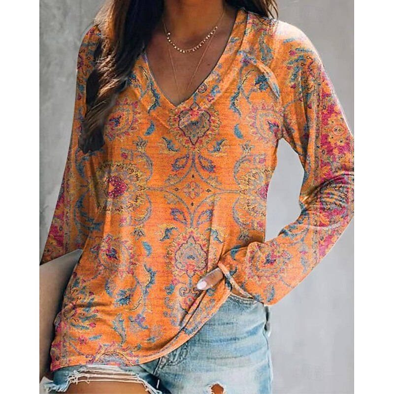 Women's T Shirt V Neck Long Sleeve Graphic Casual Floral Plants Elegant Bohemia Vintage Regular Tops Daily Going out Weekend Print Maroon Grass Green Red Purple Orange Summer Spring Fall2