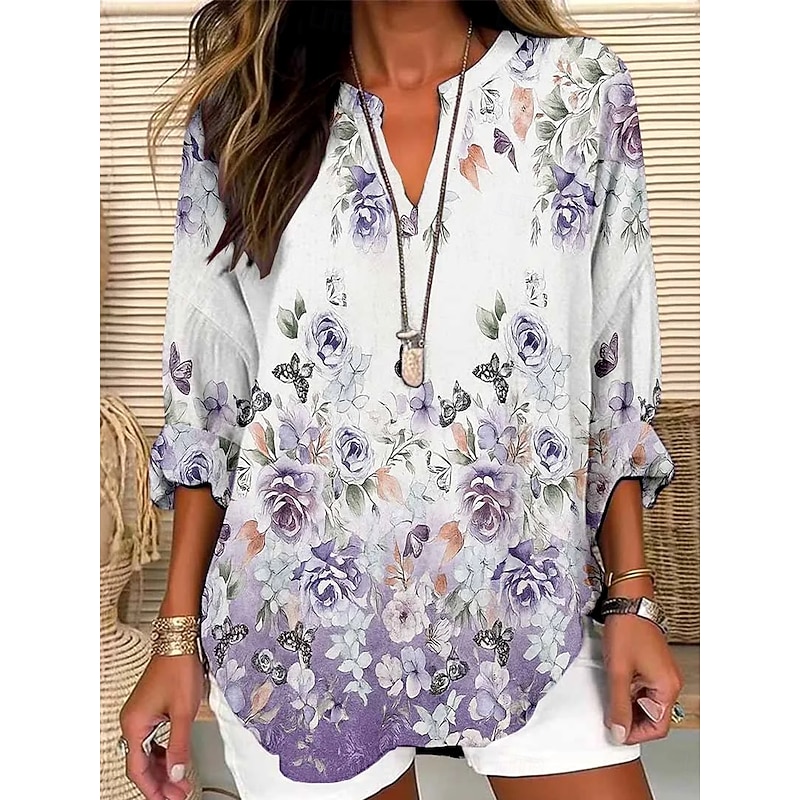 Women's Blouse Floral Graphic Vintage Daily Stylish Long Sleeve V Neck Notched Neck Regular Tops Daily Holiday Print Light Purple Violet Summer Spring Fall