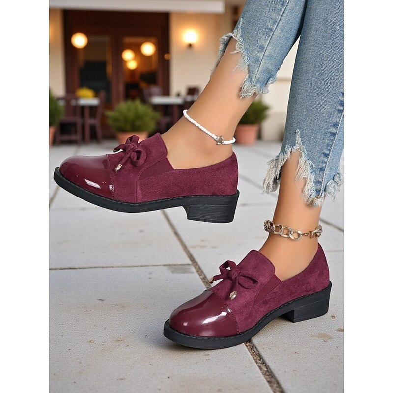 Women's Burgundy Suede and Patent Leather Loafers – Low Heel Bowknot Slip-On Shoes for Casual Outings, Workwear, and Fall Street Style4
