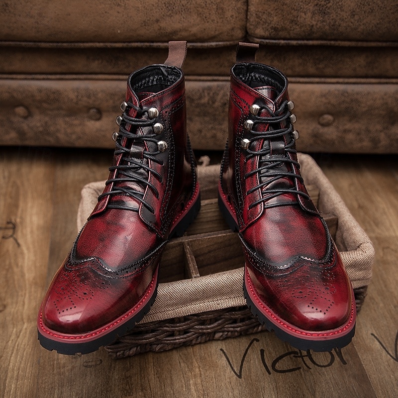 Men's Burgundy Faux Leather Combat Boots with Brogue Detailing – Durable Lace-Up Style for Casual Wear, Outdoor Walking, and Fashion Outfits3