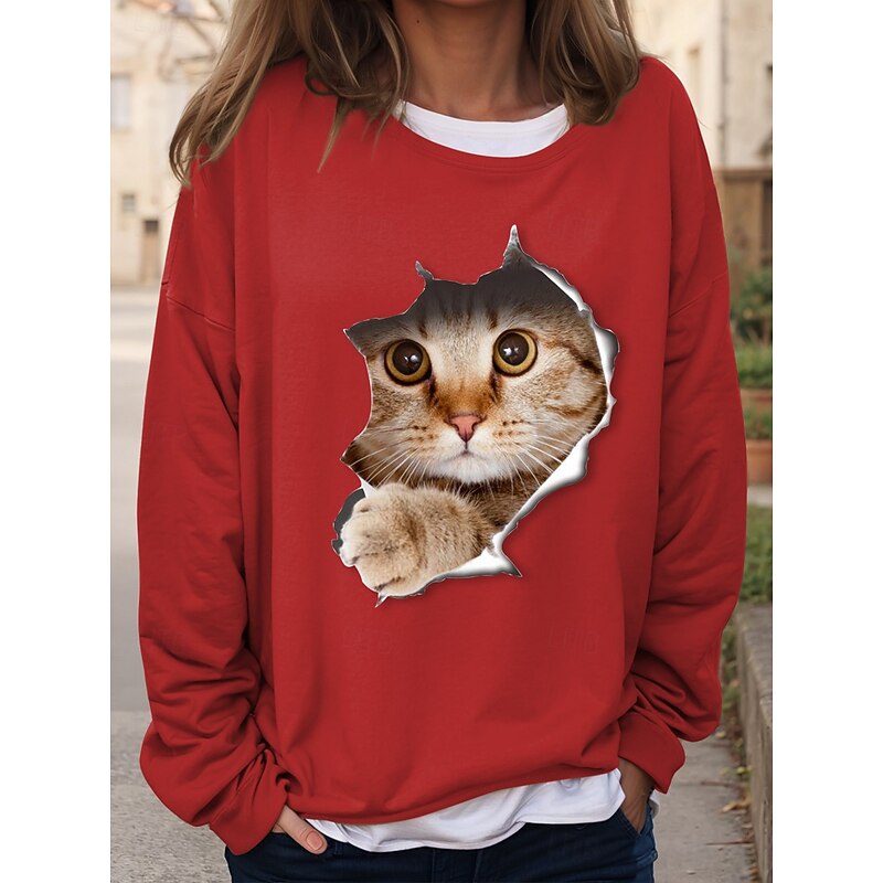 Women's Sweatshirts Graphic Cat Casual Long Sleeve Crew Neck Regular Tops Casual Print Black Pink Red Blue Khaki Fall Winter4