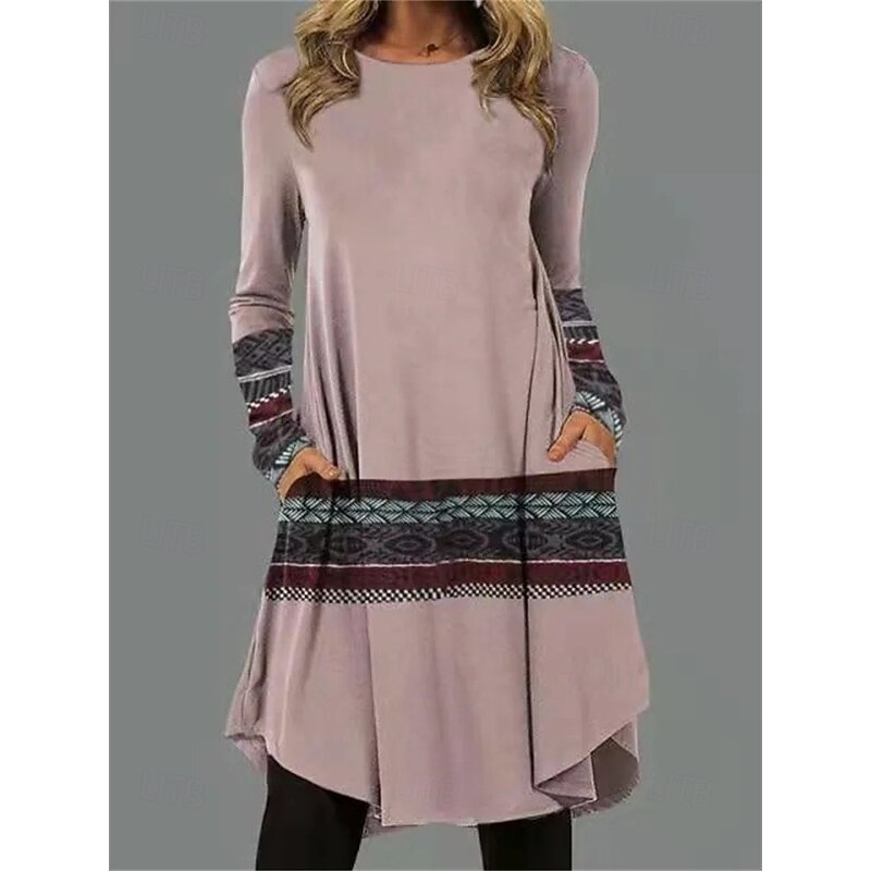 Women's Midi Dress Sheath Dress T Shirt Dress Tee Dress A Line Dress Athletic Dress Casual Boho Daily Loose Fit Graphic Geometric Houndstooth Long Sleeve Crew Neck Black Pink Blue Dark Grey