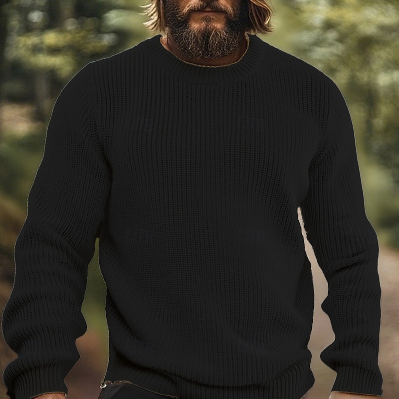 Men's Pullover Sweater Jumper Knit Sweater Ribbed Knit Regular Tops Knitted Plain Crew Neck Fashion Basic Vacation Daily Wear Clothing Apparel Fall Winter Black White S M L2