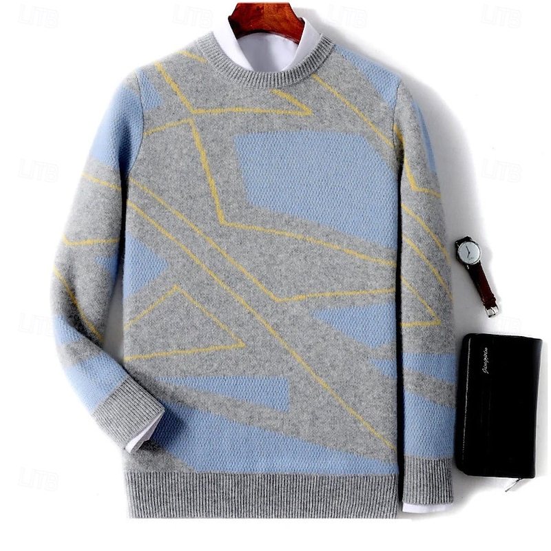 Men's Color Block Pullover Sweater Jumper Knitwear Crewneck Casual Vacation Daily 3D Print Keep Warm Long Sleeve Spring Fall Winter Lake blue Blue Brown