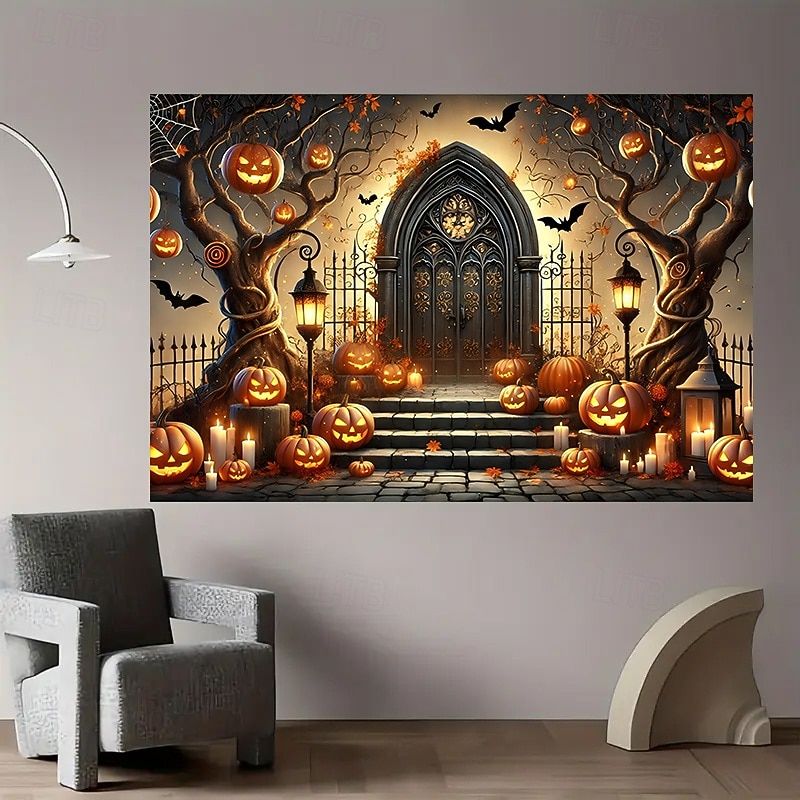 Haunted Mound Pumpkin Tapestry – Gothic Halloween Wall Hanging with Creepy Jack-O'-Lantern Face, Vintage Horror Decor for Bedroom, Living Room or Party Wall4