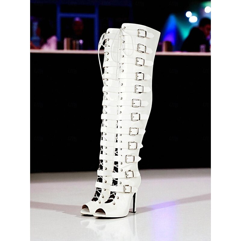 Women's White Thigh High Buckle Boots - Sexy Peep Toe Stiletto Heel Party Boots for Ladies, Gothic Punk Fashion Footwear for Nightclub, Stage Performance and Festival Outfits4