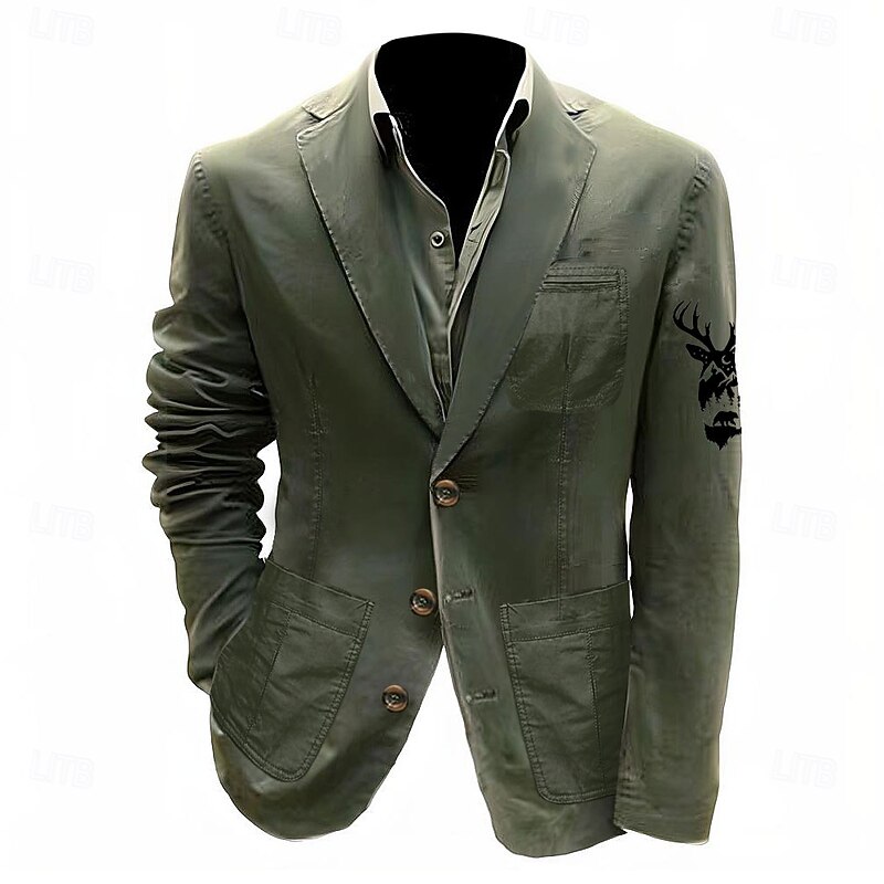 Men's Reindeer Print Blazer Cotton Suit Jacket Suits Coat Casual Outdoor Dailywear Casual Multiple Pockets Three Button Stripe Lined Suit Jacket Fall Winter Notch lapel collar Long Sleeve Black khaki3