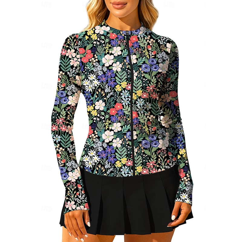 Women's Plants Floral Floral Botanical Tops Sport Shirt Tennis Shirt Tennis Top Long Sleeve Zipper Floral UPF50+ UV Resistant High Elasticity Moisture Wicking Breathable Volleyball Tennis Golf Round