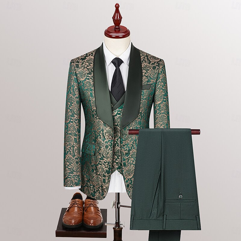 Men's Wedding Stage Party Suits Shawl Lapel Green Formal Jacquard Floral Slim Fit 3 Piece Single Breasted One-button