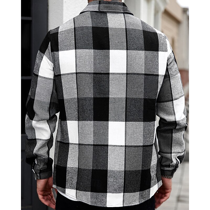Men's Lightweight Jacket Shirt Jacket Casual Jacket Shacket Vacation Daily Breathable Pocket Spring Fall Plaid Fashion Classic Lapel Regular Black Jacket3