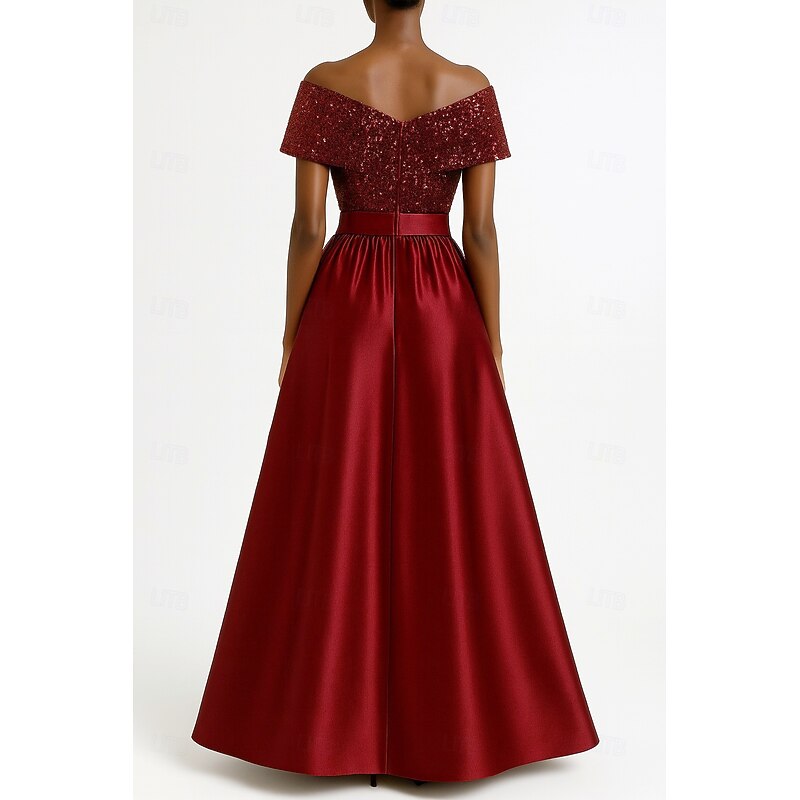 Black portrait collar A-Line Evening Gown Elegant Dress Formal Wedding Floor Length Short Sleeve Lapel Pocket Satin with Bow(s) 20253