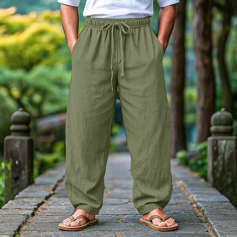 Men's Linen Pants Trousers Summer Pants Beach Pants Drawstring Elastic Waist Pleats Plain Comfort Breathable Full Length Outdoor Casual Daily Vacation Fashion Black White Inelastic