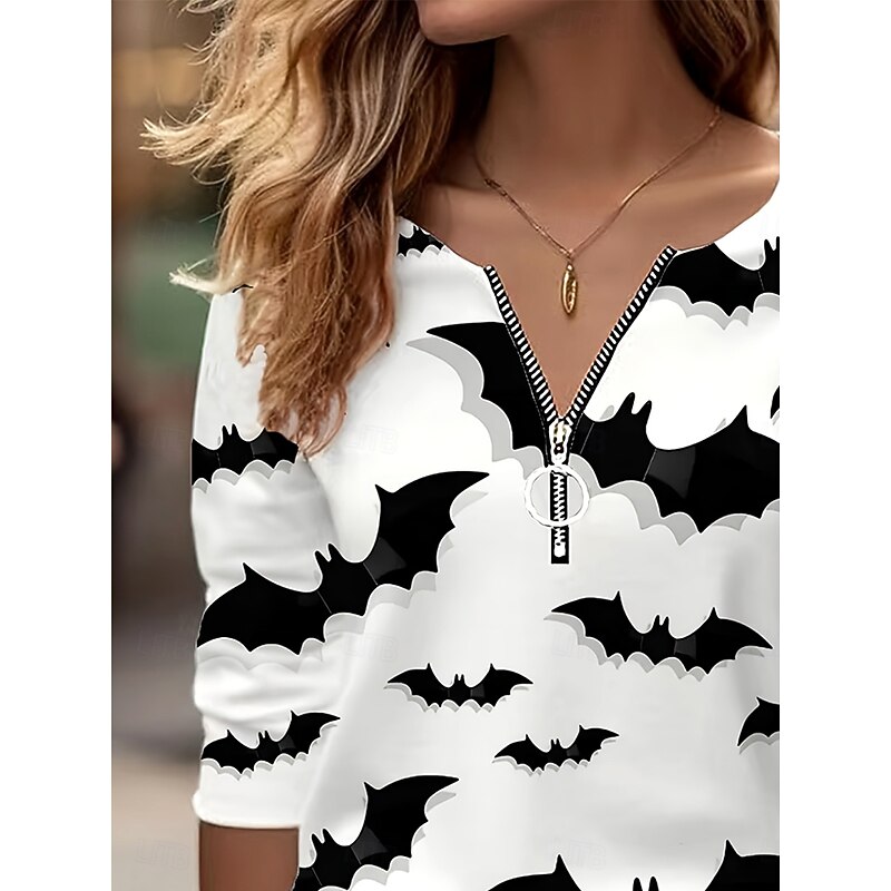 Halloween Women's T shirt Bat Graphic Skull Elegant Vintage Stylish Long Sleeve V Neck Round Neck Notched Neck Regular Tops Daily Weekend Zipper Print Black and White Spring Fall Winter3