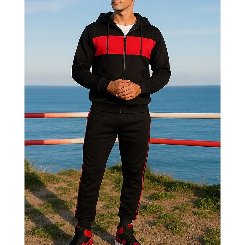 Men's Tracksuit Jogging Suit Sweatsuit Sets Hooded Color Block Clothing Suit Fall Black Dark Blue Outdoor Travel Sports High Waist Windbreaker Long Sleeve Sport Activewear Micro-elastic Regular Fit