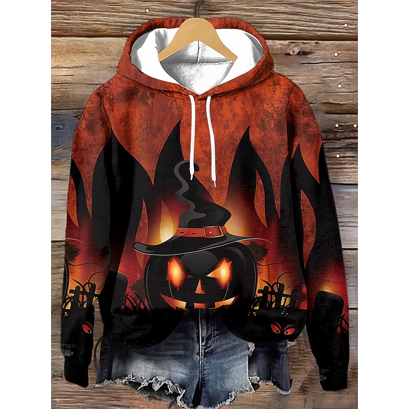 Halloween Women's Hoodie Pullover Sweatshirt Oversized Long Sleeve Casual Pumpkin Graphic Fashion Print Hooded Regular Tops Street Dailywear Drawstring Print Black Yellow Red Orange Khaki Fall Winter