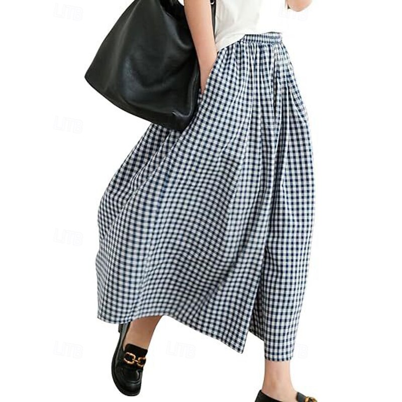 Women's Wide Leg Slacks Streetwear Casual Full Length Natural Plaid Pocket Elastic Waist Comfy Outdoor Vacation Going out Black & White Black Red Dark navy Fall Regular Fit4