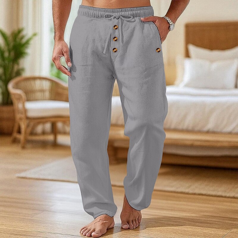 Men's Linen Pants Trousers Summer Pants Baggy Pants Beach Pants Drawstring Elastic Waist Buttons Plain Comfort Breathable Full Length Home Casual Daily Vacation Fashion Black White Micro-elastic4