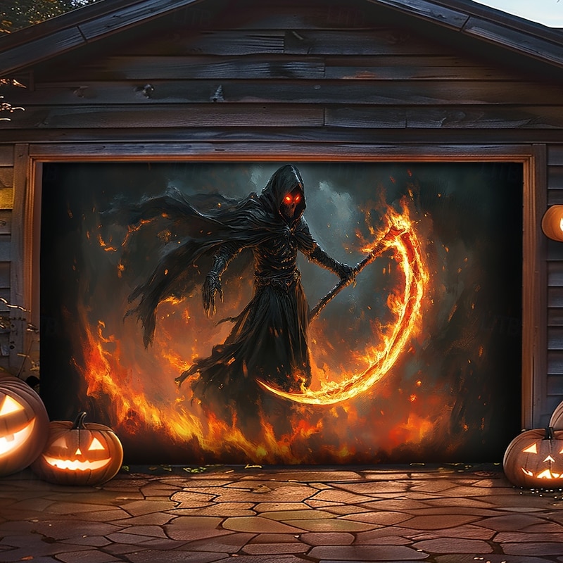 Halloween Garage Door Cover Large Hanging Backdrop Grim Reaper Dark Punk Gothic Style Party Outdoor Shooting Backgrounds Front Door Home Decor2