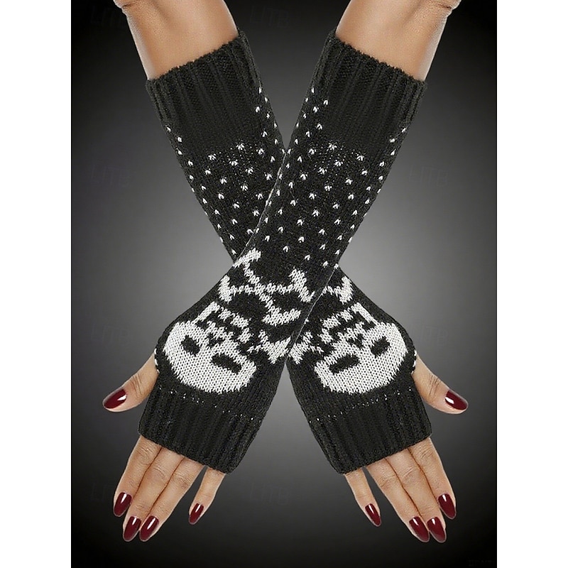 Women's Halloween Skull Knit Fingerless Arm Warmers — Long Ribbed Gothic Hand/Wrist Sleeves, Stretchy Cozy Fit for Costume Parties, Cosplay & Fall-Winter Wear2
