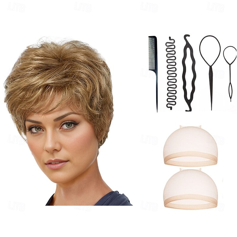 Classic Short Wig with Enviable Volume and Textured Layers / Multi-Tonal Shades of Blonde With 2PCS HD Wig Cap and Hairdressing Tool Set2