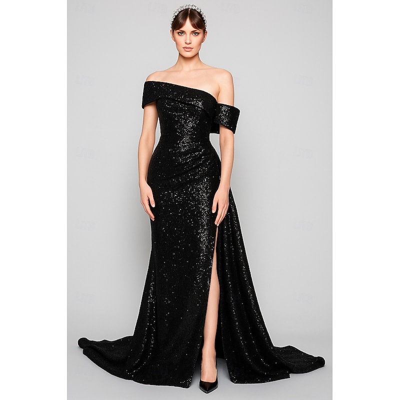 Sequined Black Blue A-Line Evening Gown Elegant Dress Carnival Formal Floor Length Short Sleeve One Shoulder Detachable with Glitter 20252
