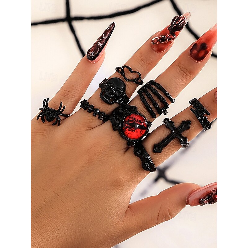 Women's Gothic Acrylic Alloy Ring Set - Halloween themed skull, Cross, Spider and chain design with black details, Perfect for masquerade parties and alternative fashion2