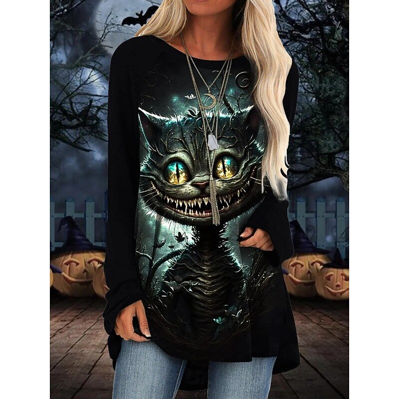 Halloween Women's T shirt Monster Graphic Cat Vintage Stylish Classic Long Sleeve Crew Neck Round Neck Long Tops Daily Print Black Light Grey Dark Gray Spring Fall