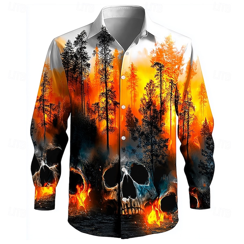 Halloween Men's Skull Flame Halloween Costumes Shirt Button Up Shirt Long Sleeve Dark Gothic Style Holiday Summer Spring Turndown 3D Print Collared Shirts White