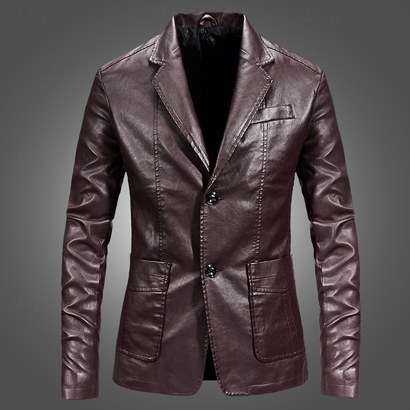 Men's Faux Leather Jacket Blazer Jacket Formal Office Casual Smart Casual Fall Spring & Summer PU Leather Solid Color Comfy Single Breasted Blazer Black Burgundy Blue khaki2