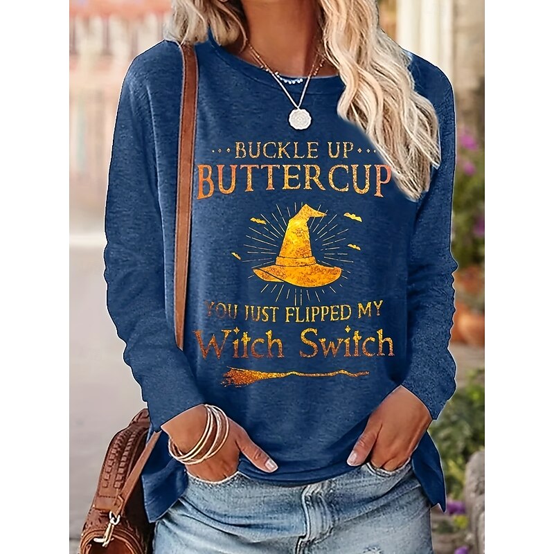 Halloween Women's T shirt Witch Graphic Letter Vintage Stylish Classic Long Sleeve Crew Neck Regular Tops Daily Print Black Blue Gray Spring Fall Winter3