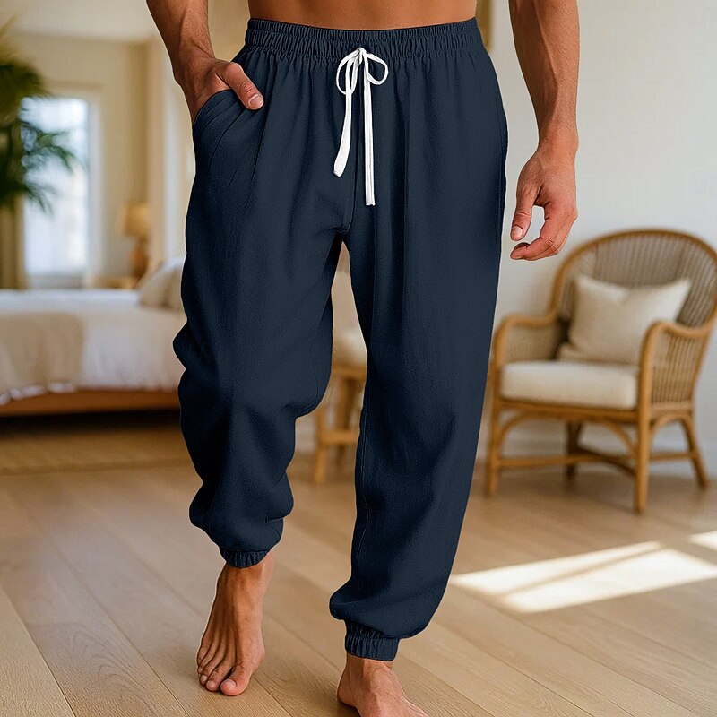 Men's Linen Pants Trousers Summer Pants Beach Pants Drawstring Elastic Waist Elastic Cuff Plain Comfort Breathable Full Length Casual Daily Holiday Vacation Fashion Navy Blue Green Micro-elastic4