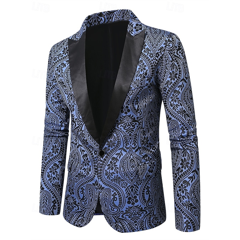 Men's Blazer Business Cocktail Party Wedding Party Fashion Casual Spring Fall Polyester Cashew nuts Pocket Buttons Comfortable Single Breasted Blazer Navy Blue3