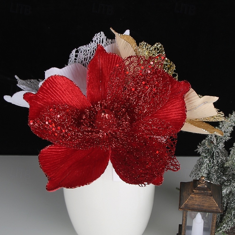 1pc Christmas Poinsettia Artificial Flower, Gold, Red, Yellow, White Faux Floral, Christmas Tree Accessory, Holiday Decoration2