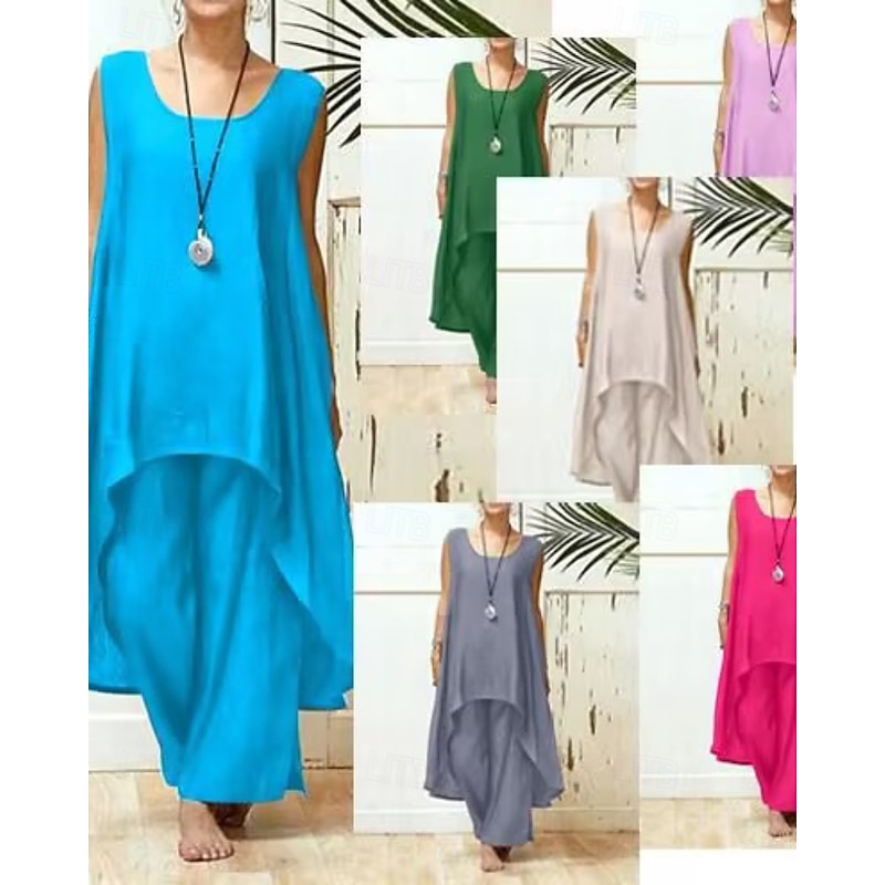 Women's Fashion Blouse Pants Sets Sleeveless Crew Neck Solid Color Vacation Casual Daily Black Sky Blue Purple Summer Regular Fit