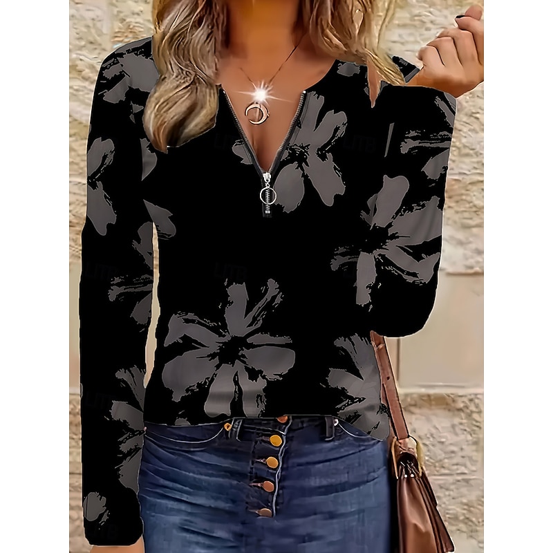 Women's T Shirt Floral Graphic Plants Elegant Vintage Stylish Long Sleeve Crew Neck Round Neck Notched Neck Regular Tops Daily Weekend Zipper Print Black Spring Fall Winter