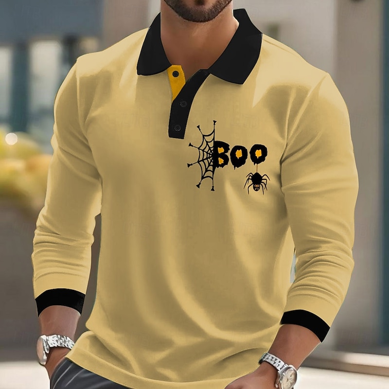 Halloween Men's Animal Spider web Polo Long Sleeve Polo Shirts Lapel Casual Street Athleisure Daily Wear 3D Print Buttons Spring Fall Winter Black Orange Brown3