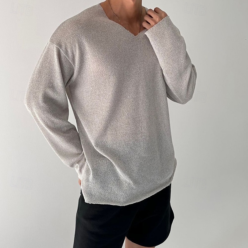 Men's T Shirt Tee Tee Top Long Sleeve Shirt Long Sleeve V Neck Spring Fall Plain Fashion Designer Basic Classic Vacation Street Going out Black Gray Top Tee for Men4