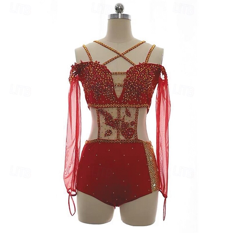 Figure Skating Dress Women's Girls' Ice Skating Dress Red Patchwork Open Back Mesh Spandex Stretchy Training Practice Professional Skating Wear Thermal Warm Crystal / Rhinestone Sleeveless Ice