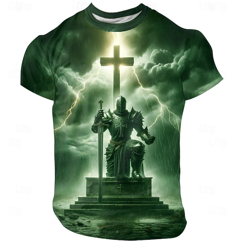 Men's Knights Templar 3D T Shirt Short Sleeve T shirt 3D Print Crew Neck Shirt Exaggerated Designer Party Daily Holiday Blue Green Gray Summer Spring All Seasons Clothing Apparel S M L XL XXL XXXL3