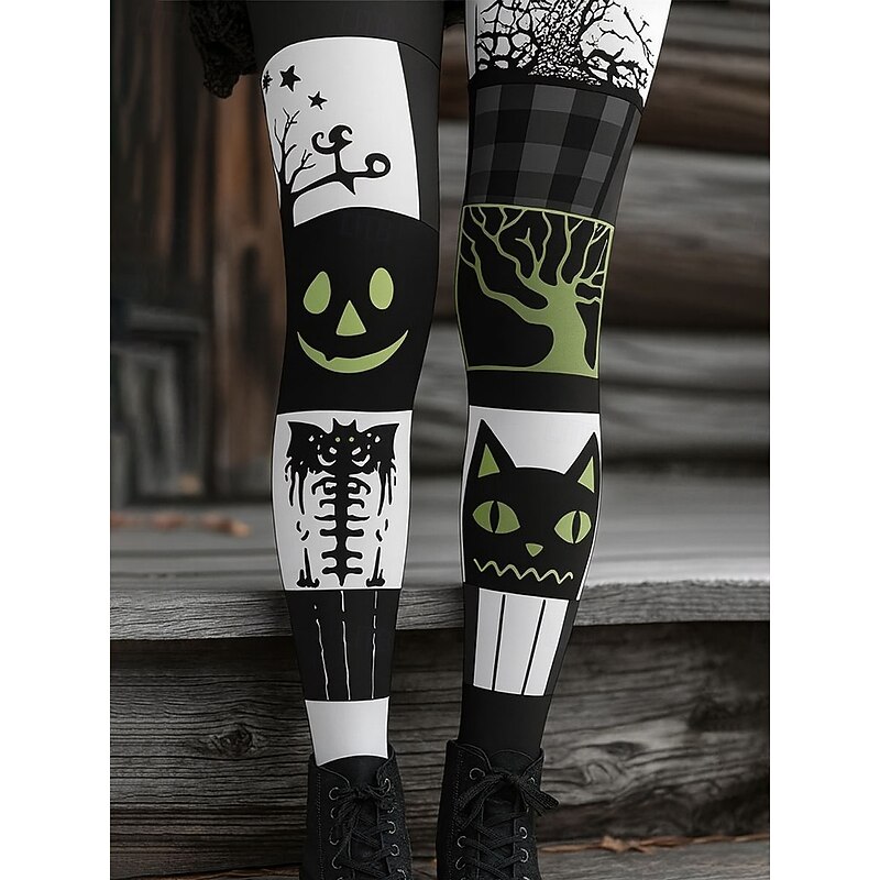 Women's Leggings Vacation Vintage Fashion Full Length High WaistPantsHalloween Graphic Cat Patchwork Printing Thermal Warm Soft Breathable High Elasticity Formal Outdoor Vacation Grey Black Amethyst2