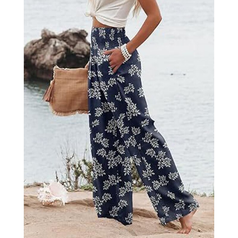Women's Wide Leg Slacks Streetwear Casual Full Length Natural Flower Pocket Elastic Waist Print Soft Holiday Weekend Blue Fall Regular Fit3