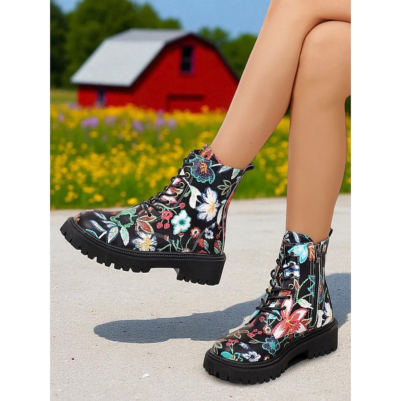 Women's Black Floral Print Combat Boots – Lace-Up Side Zip, Chunky Lug Sole, Stylish Casual & Festival Footwear2