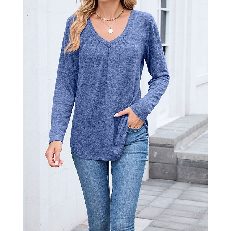 Women's Texture Blouse T Shirt Plain Casual Long Sleeve V Neck Regular Tops Daily Weekend Black Wine Army Green Blue Brown Fall2